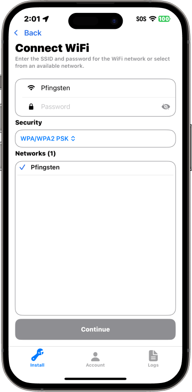 Enter network name and password or select one already available